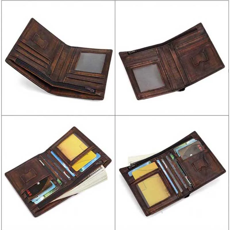 New Vegetable Tanned Leather Vintage Men Wallet, RFID Blocking Genuine Full Grain Cowhide Wallet, Antique Real Leather Purse