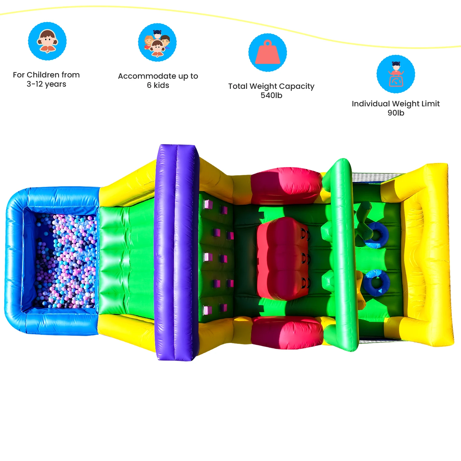 Inflatable Bounce House with 1100W Blower – Colorful Outdoor Play Castle Featuring Dual Crawl Tunnels, Large Slide, Climbing Obs