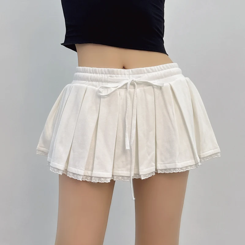Spicy American Style Girl Low Waist Lace Patchwork Pleated Skirt Women Summer New Looped Cotton Cute Fluffy Short Skirt BKGO