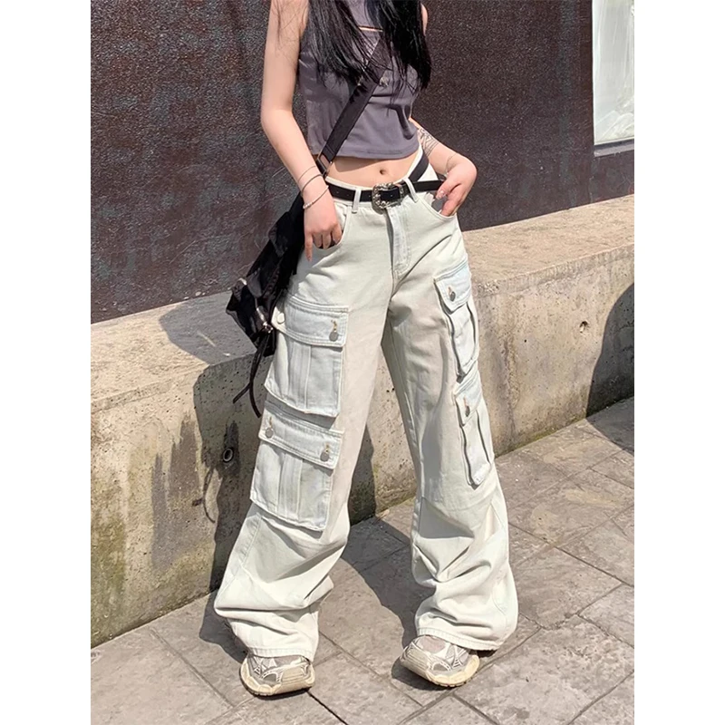 Streetwear Women Multi Pocket Spring Autumn Cargo Pant High Waist Wide Leg Denim Pant 2000S Harajuku Street Hip Hop Trendy Jeans