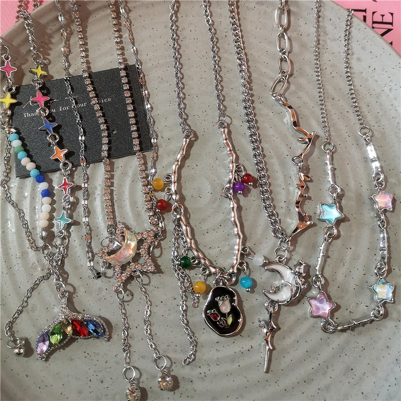 Niedliche Harajuku zarte romantische Mond-Stern-Blumen-Anhänger-Kette, Halskette für Frauen und Mädchen, ästhetische, trendige Charm-Accessoires