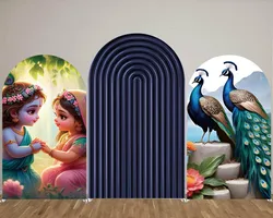 Mehofond Peacock Watercolor Arch Backdrop Cover Kids Birthday Party Krishna Background Religion Yasodha Krishna 2-sided Decor
