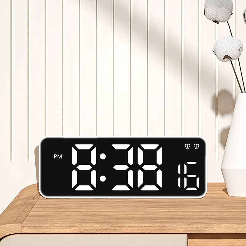 Rechargeable Digital Alarm Clock TEMP Date Week 2 Alarms Night Mode Snooze 12/24H Anti-disturb Voice Control LED Mirror