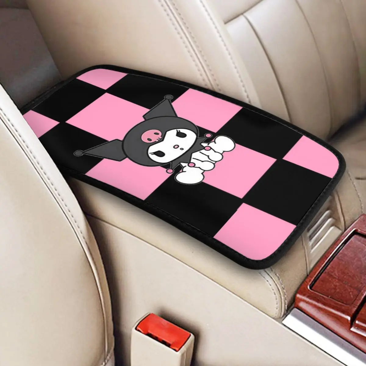 Car Armrest Cover Mat Cartoon Character Purple Plaid Non-slip Center Console Protective Cushion Pad Anime Car Decor Accessories