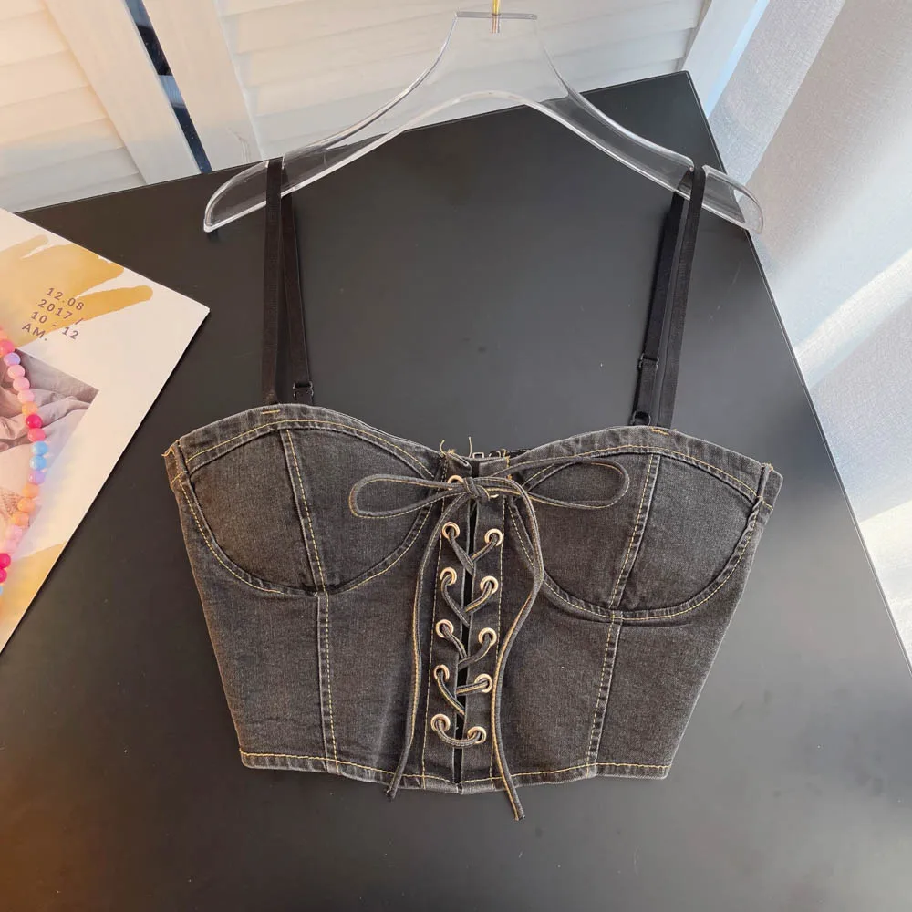 Design con cinturino sexy ort Denim Crop Top Capispalla da donna Faion Trend Bal Commute Sle Colore puro Altro materiale