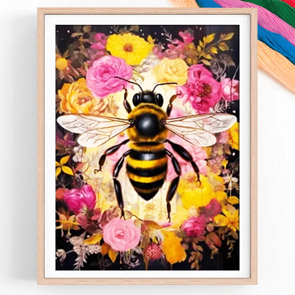 Kit de point de croix avec fleurs et abeilles, design animalier, décoration murale pour la maison, fournitures de couture pour le salon et la chambre à coucher, 1 pièce