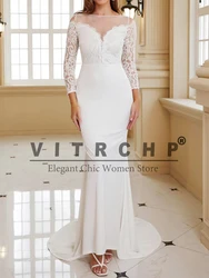 VITRCHP abito da sposa a sirena a maniche lunghe Beach o-collo pizzo Sweep Train Button abiti da sposa personalizza per misurare lo spazzamento civile