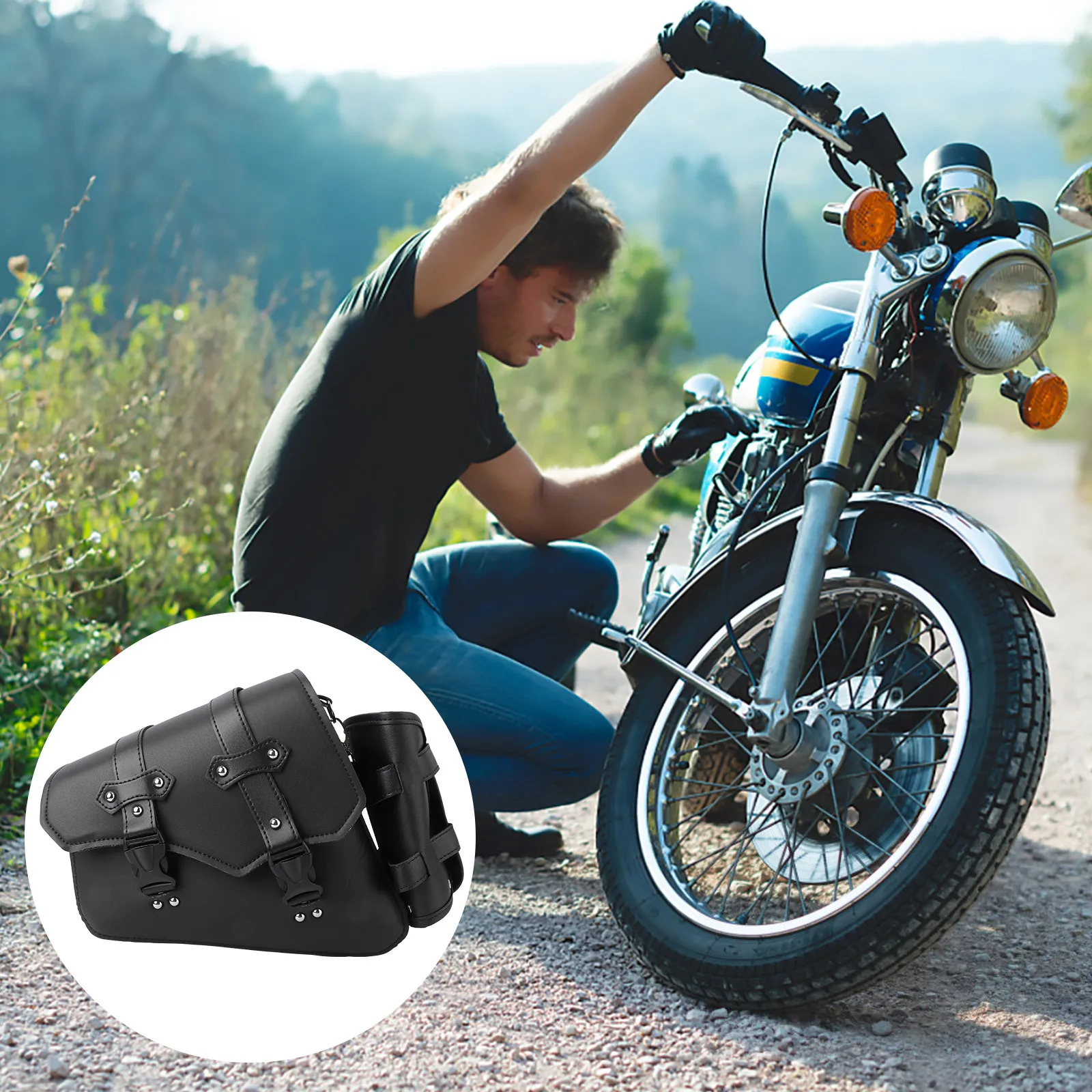 

Мотоциклетная боковая сумка из ПУ, 1 шт., для хранения инструментов, с быстросъемной пряжкой, для крепления на маятник, правая сторона, черная, для мотоцикла