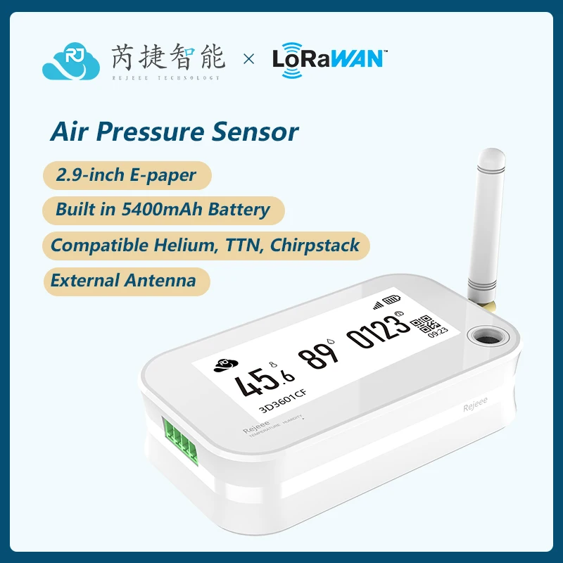 

Rejeee LoRaWAN Air Pressure Sensor with 2.9 inch E-paper, Built in 5400mAh Battery, External Antenna, TTN, Helium Compatible