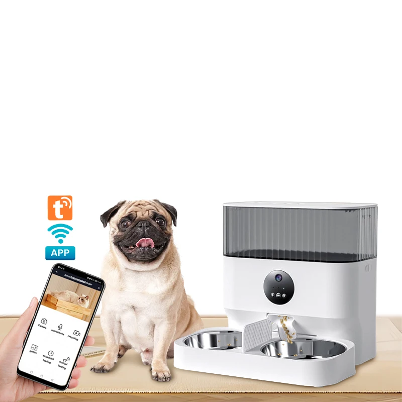 Smart automatic camera pet feeder for small animals cats and dogs with voice record