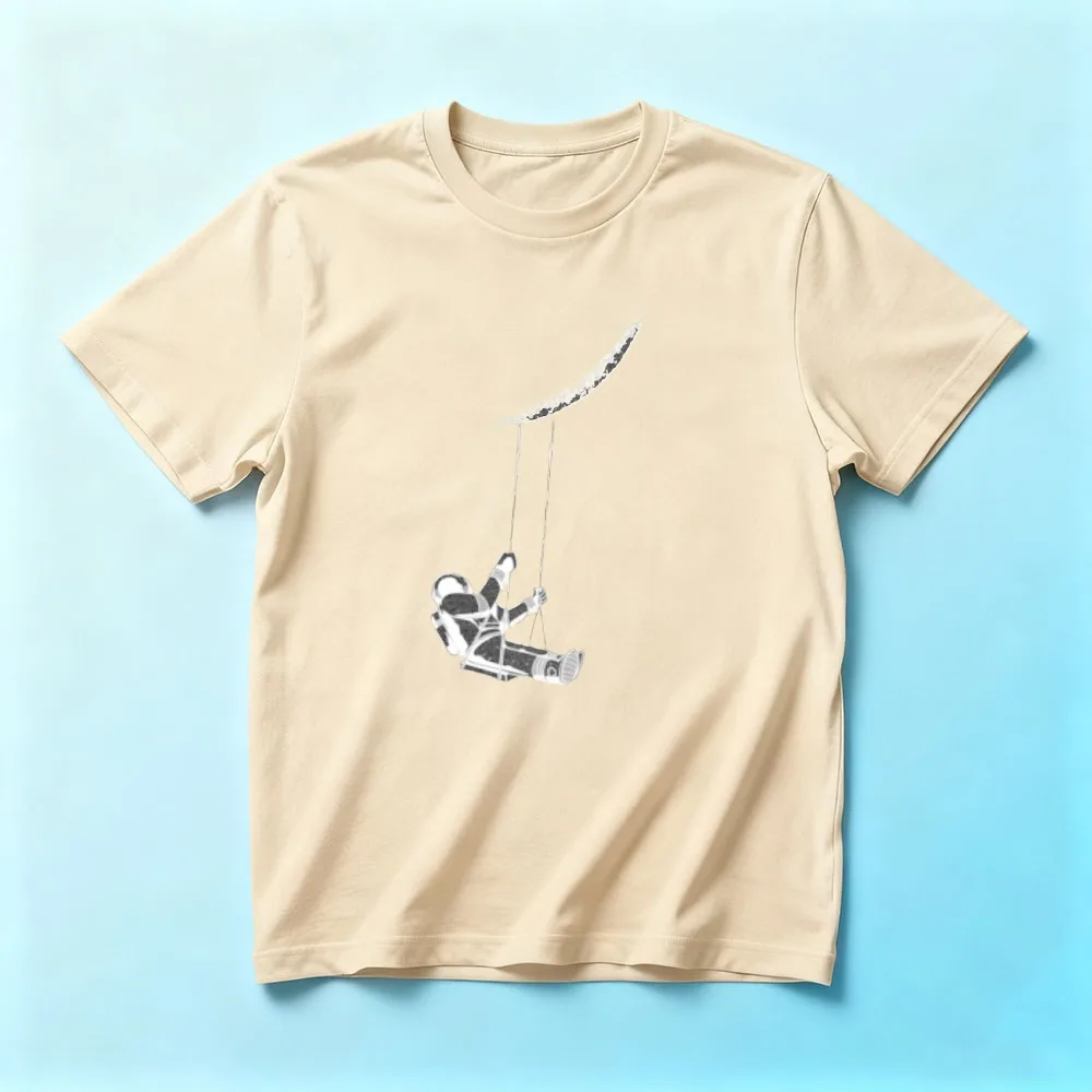 Dreamy Outer Space Illustration T-Shirt Astronaut Swinging on The Moon TShirt Men Women Unisex Daily Life Casual Cotton Tops