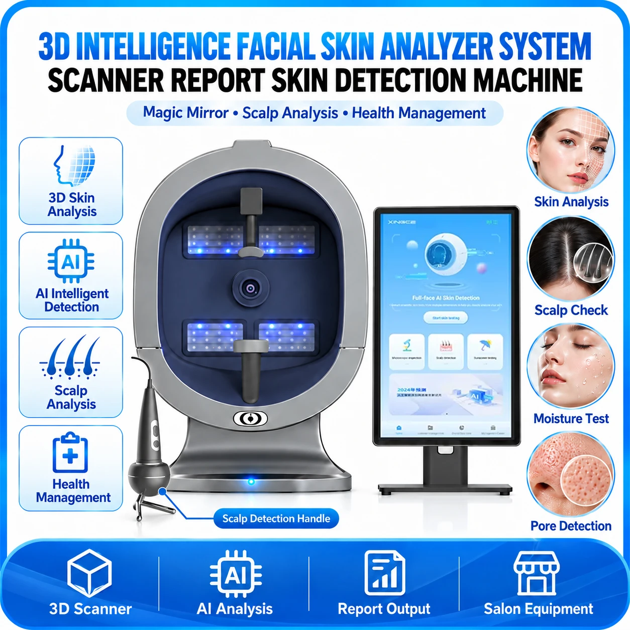 3D Intelligence Facial Skin Analyzer System Scanner Report Skin Detection Machine Magic Mirror Scalp Analysis Health Management