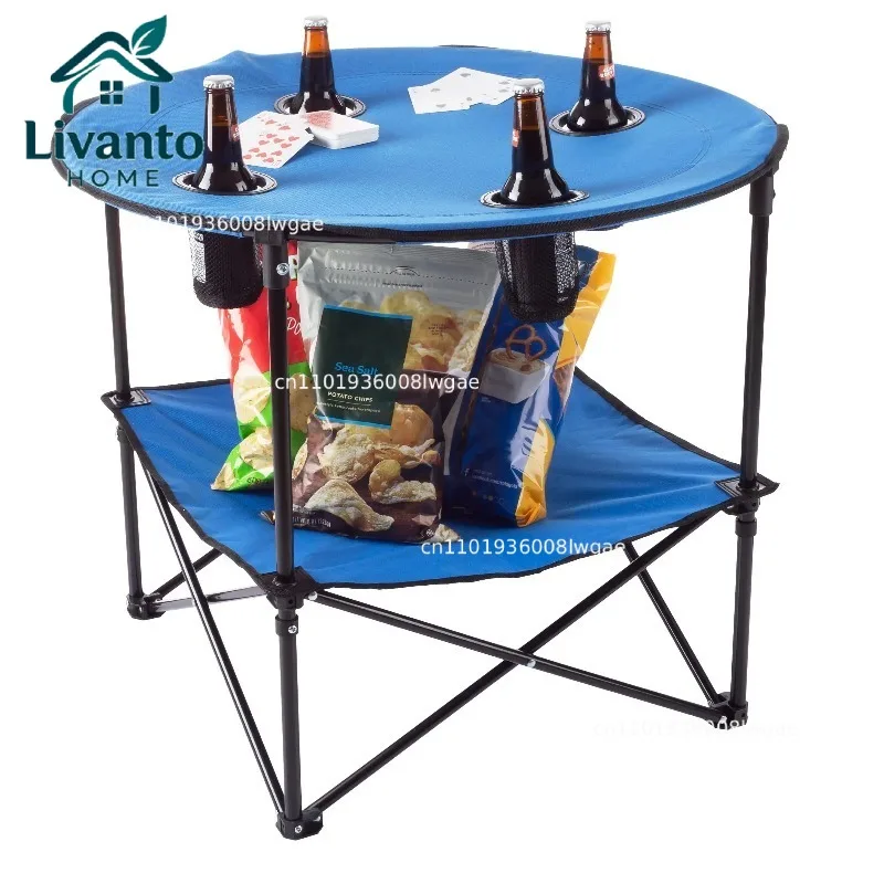 

Camp Table Round 2-Tier Folding Table with 4 Cupholders and Carrying Bag for Camping, Beach and More Outdoors