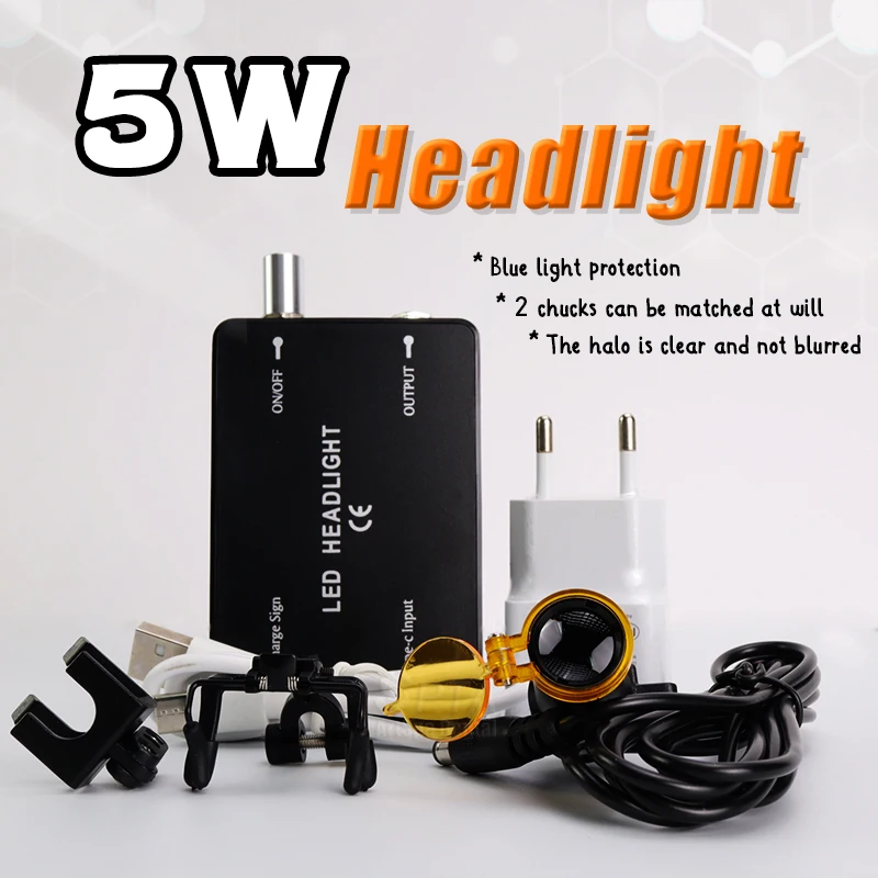 5W LED Medical Dental Headlight With Glasses Clip Anti-Blue Light Detachable Dentistry Lamp With 2 Type Clip Chargeable Power