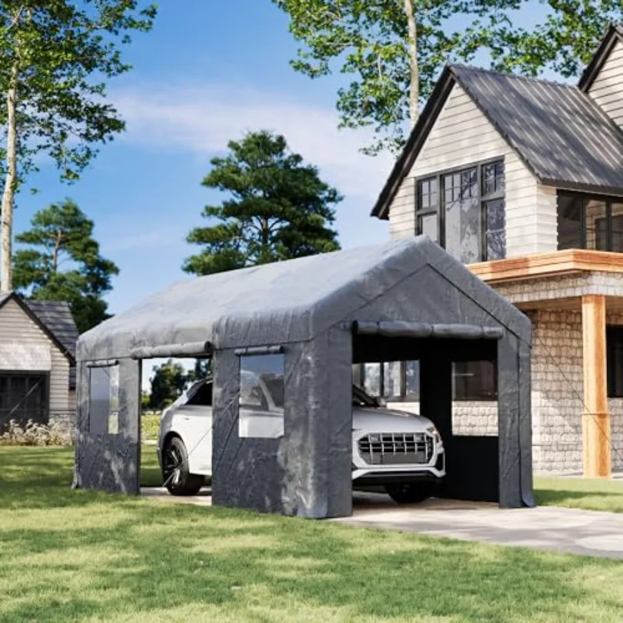 Feet Heavy Duty Carport, Reinforced Frame, Weatherproof Canopy with Roll-up Ventilated Windows and Sidewalls, Easy Assembly Por