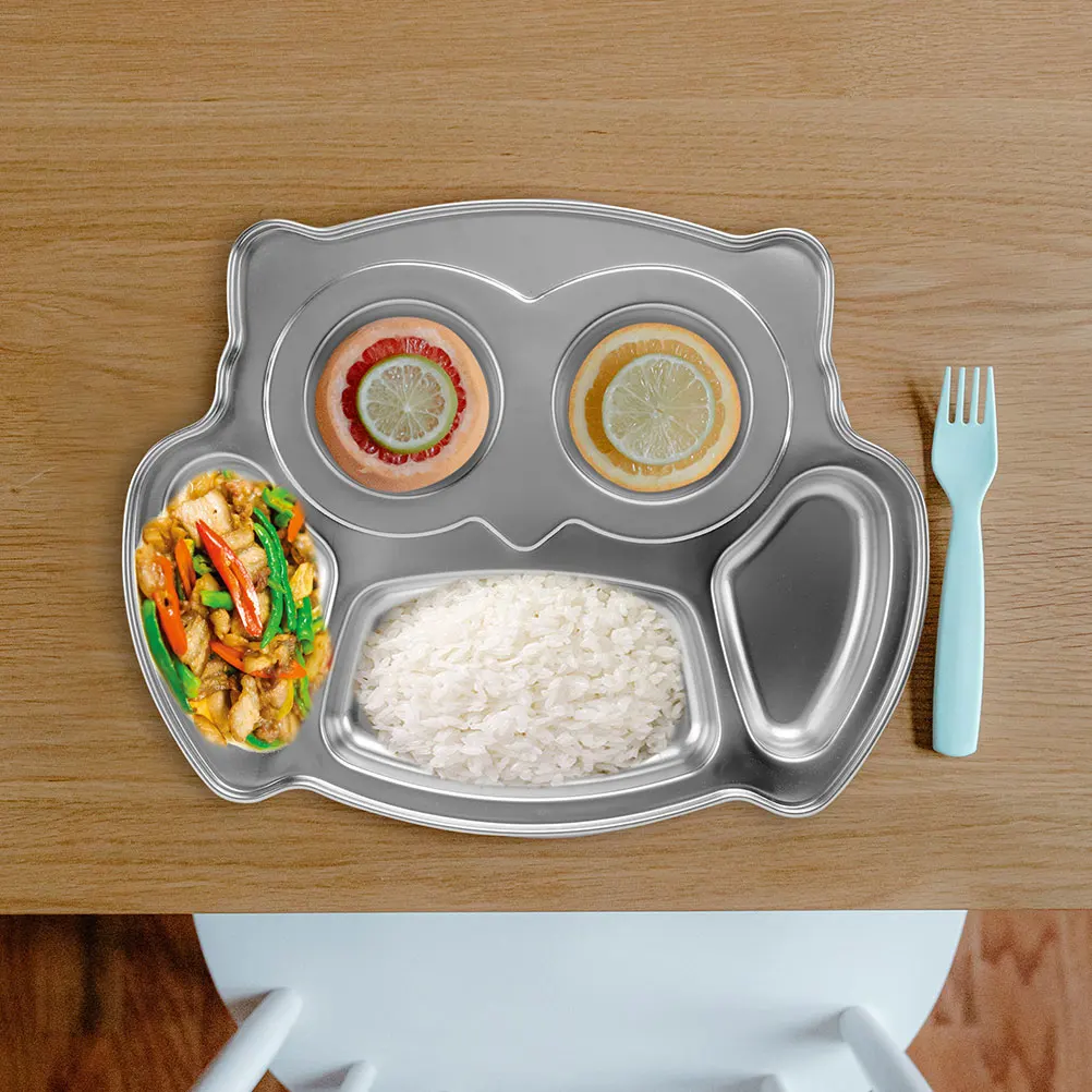 

2 Pcs Owl Plate Steel Camping Plates Stainless Dinner Divided Dish Serving Tray Section Food