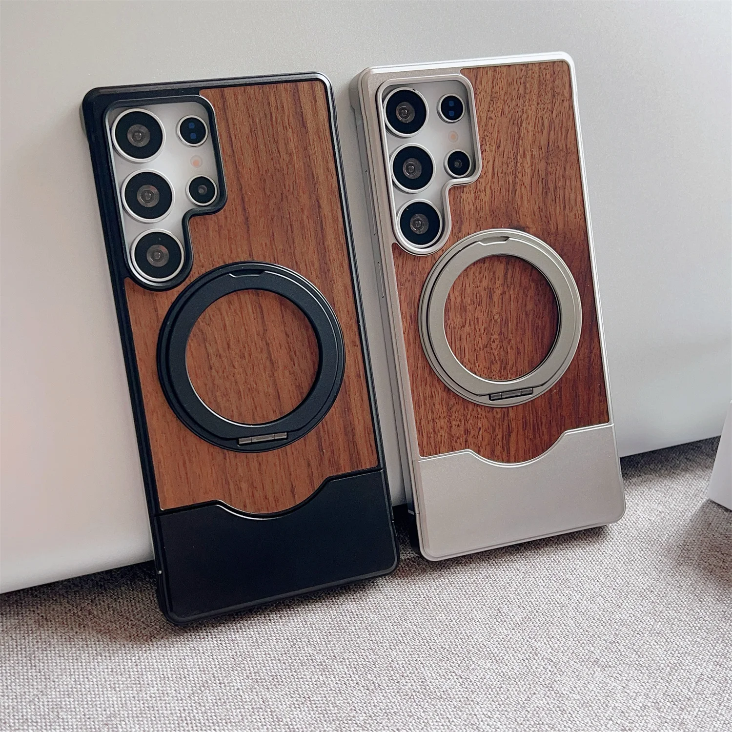

Деревянный дизайн, металлический чехол для Samsung Galaxy S25 Ultra S24, ультра-алюминиевый сплав, магнитный вращающийся кронштейн, безрамный бампер, крышка