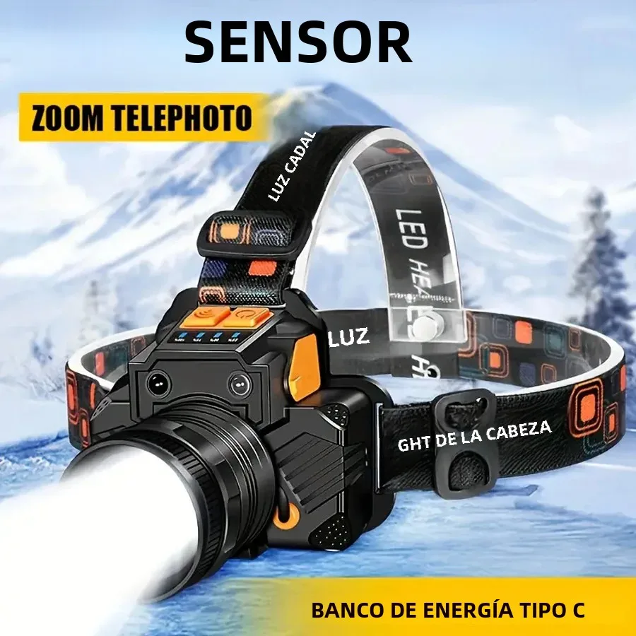 Linterna frontal LED recargable con 3 modos de iluminación, enfoque ajustable 90 ° Inclinable, para acampar, cazar, pescar, senderismo, aventura al aire libre