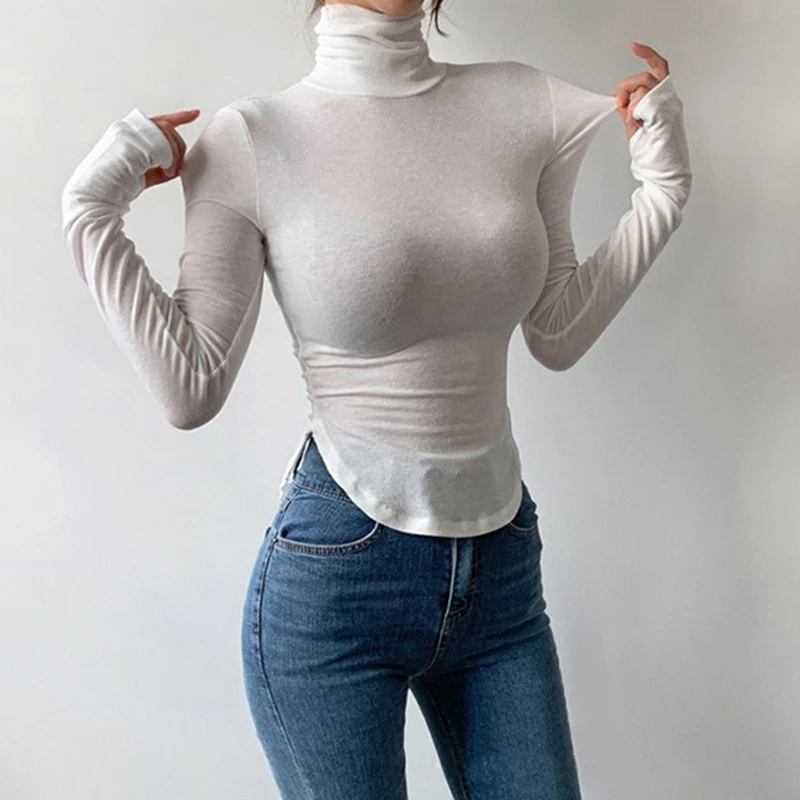 Turtleneck Long Sleeve Shirt Women Chic Sexy Cropped Tops Summer Black Casual Skinny Slim Basic Woman T Shirts White