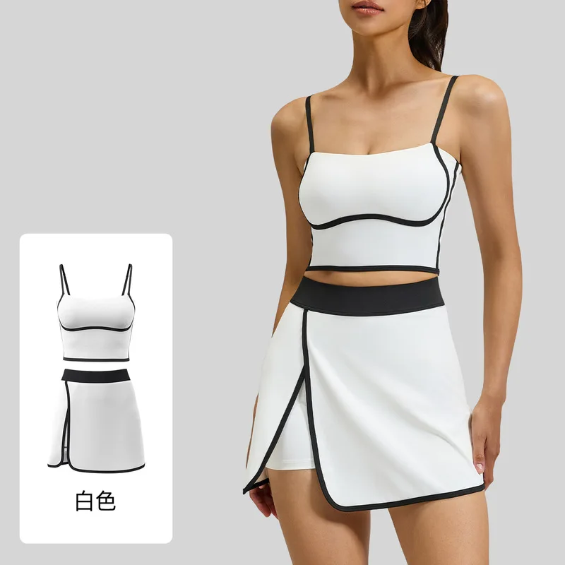Summer Women Linear Yoga Set Sleeveless Cami Top Short Skirt AntiExposure Shockproof Fitness Sportswear