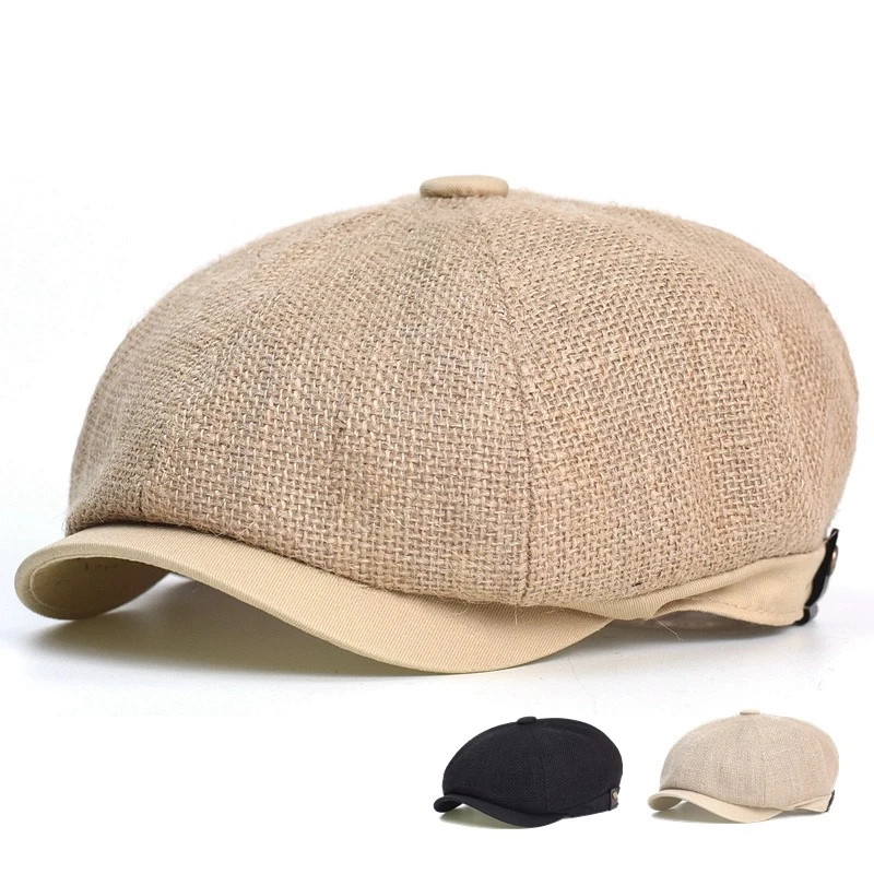 Boinas de lino de Yute Natural Para Hombre y Mujer, gorros transpirables Para vendedor de periódicos, Boina plana Para Hombre y Mujer