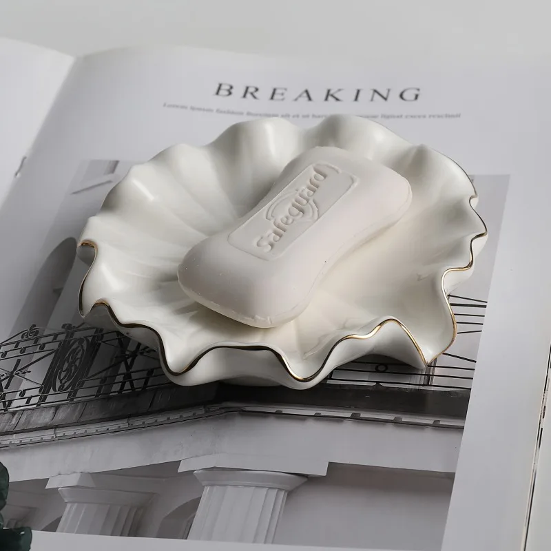 1pc Elegant White Ceramic Soap Dish with Golden Rim,Shell-Inspired Design, Round for Lotus Leaf Shape Holder