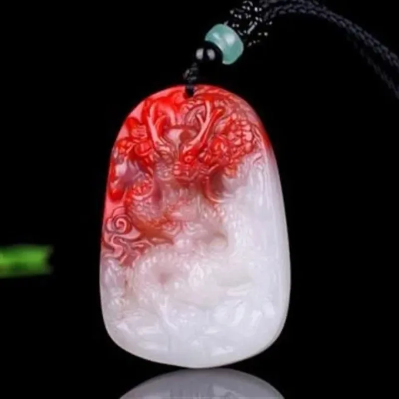 

Red White Jade Dragon Pendant Chinese Jewelry Gemstone Amulet Charm Woman Man Gifts Lucky Necklace Fashion Carved Natural