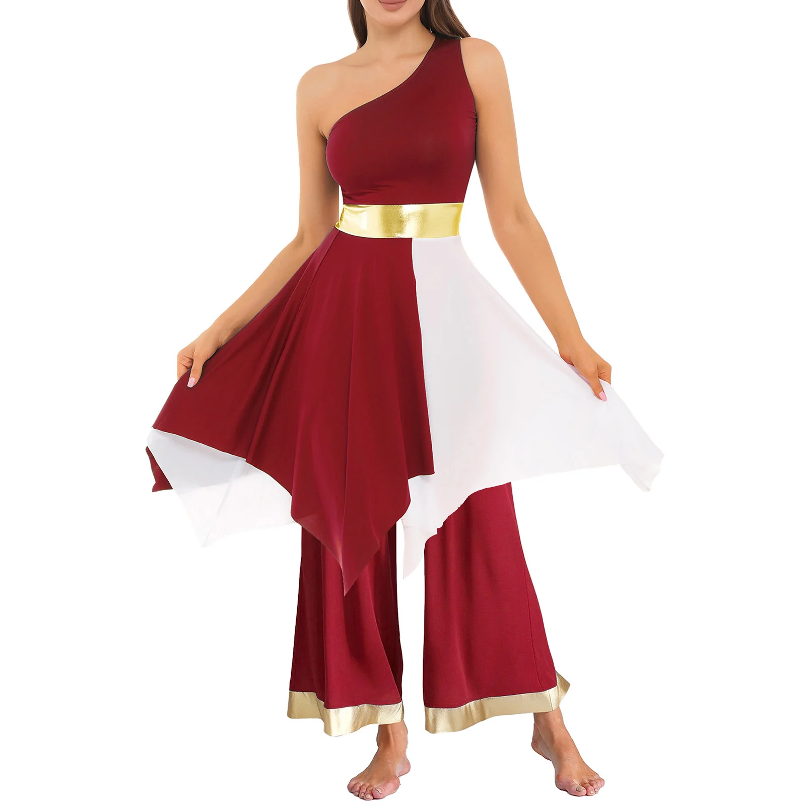 

Womens Worship Praise Dance Dress Modern Lyrical Dance Outfit One Sleeveless Contrast Color Irregular Hem Dress+Wide Leg Pants