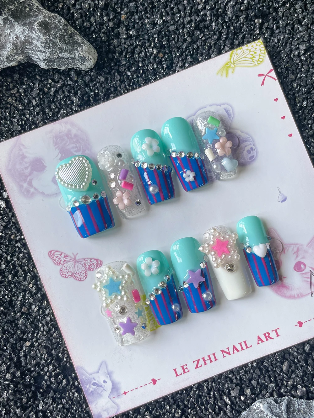 2026 Summer Sea Blue Square Shape Press On Nails Art Colored Stars Flower Stripes Pearl Handmade Fake Nails Holiday Gifts