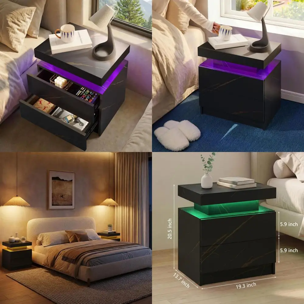 

Современные прикроватные тумбочки с LED-подсветкой и двумя ящиками для спальни