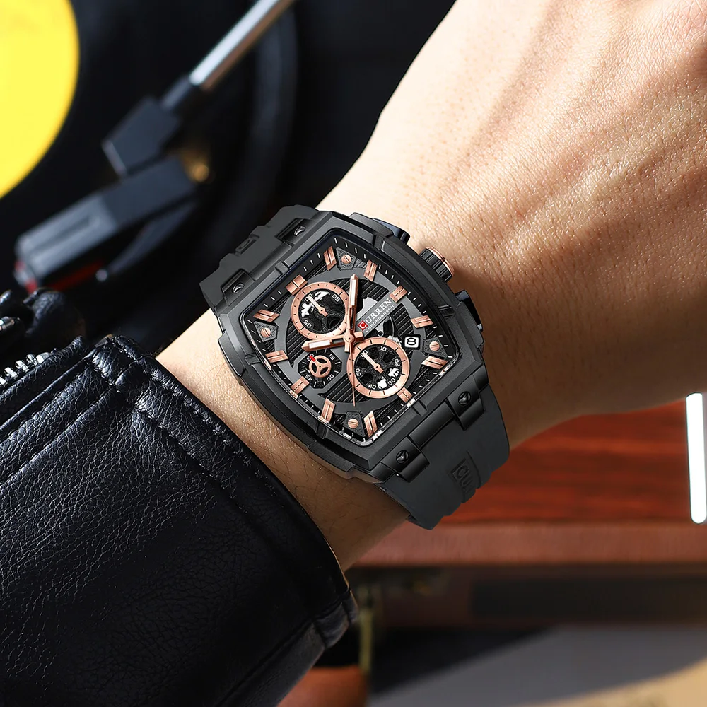 CURREN Original Silicon Strap Multi-functional Dialn Auto Date Design Men's Watch Sports Chronograph Watches