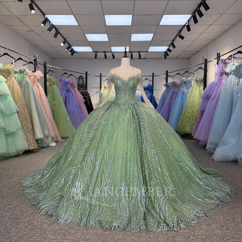 

2024 Зеленое бальное платье с длинными рукавами Quinceanera Платья с бисером и кристаллами Кружева с блестками Тюль Sweet 16 15 Birthday Vestido De 15 Anos
