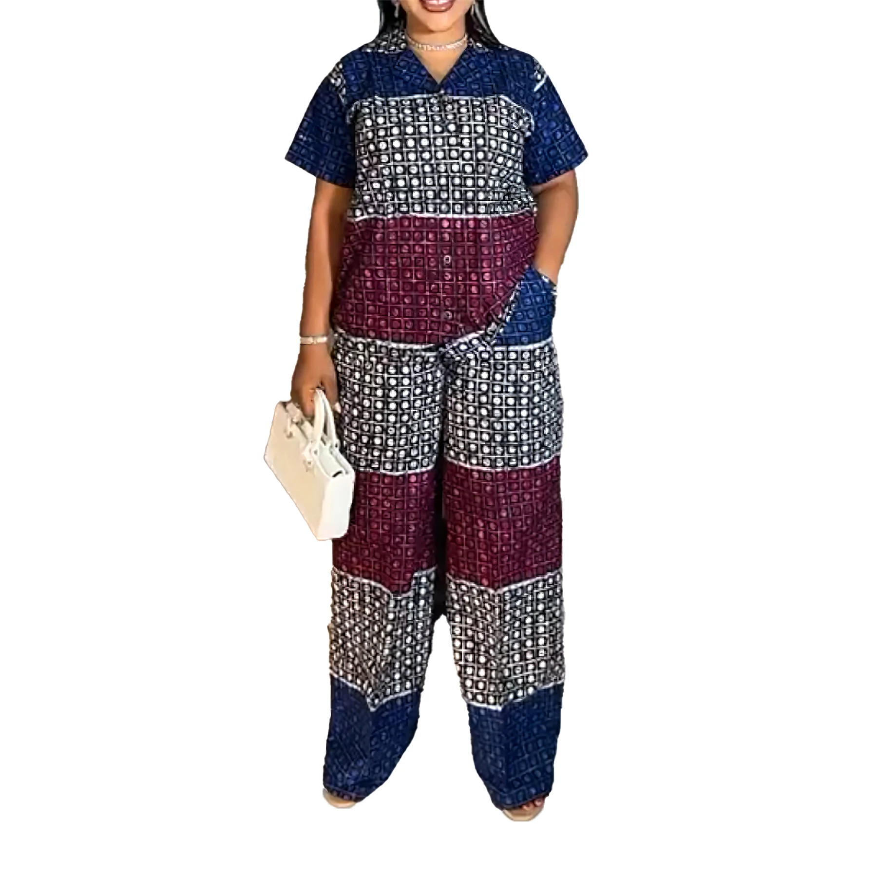 

Trendy European And American Style Casual Set With Blue, White, And Red Plaid And Polka Dot Design New Arrival For Spring, Summe