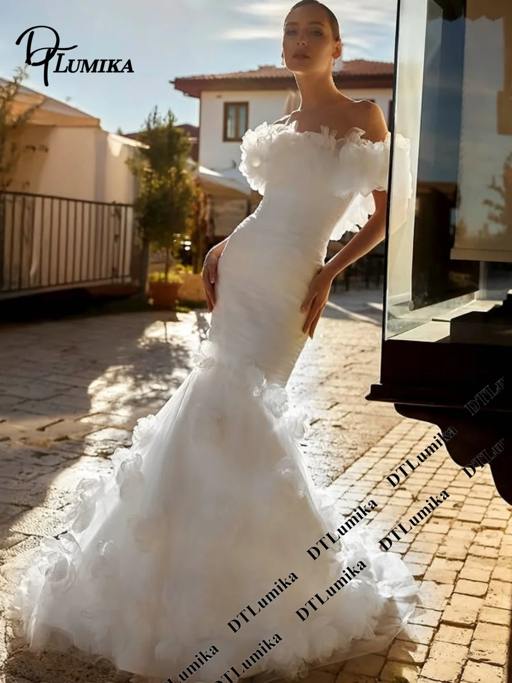 DTLumika Off Shoulder 3D Floral Mermaid Wedding Dress Customized Ruched Tulle Fitted Bridal Gown with Chapel Train Bride Dress