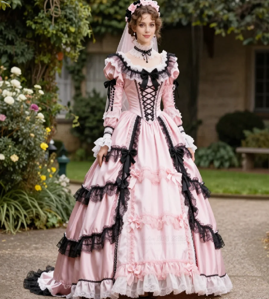 Romantic Gothic Victorian Wedding Dress 2026 Vintage Renaissance Bustle Bridal Gowns Pink With Black Gothic Celtic Tudor Bride