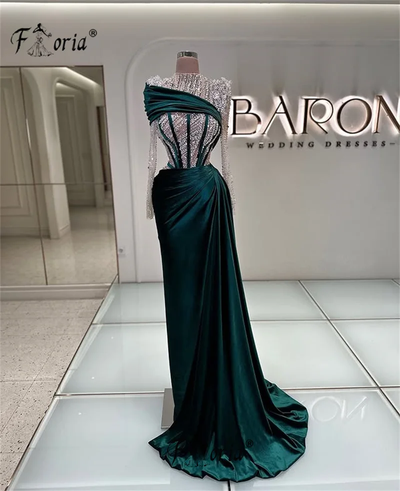 فستان سهرة أنيق باللون الأخضر الداكن مطرز باللؤلؤ حورية البحر بأكمام طويلة دبي مخملي فيستدوس دي كوزان فورماليس للحفلات الراقصة حسب الطلب