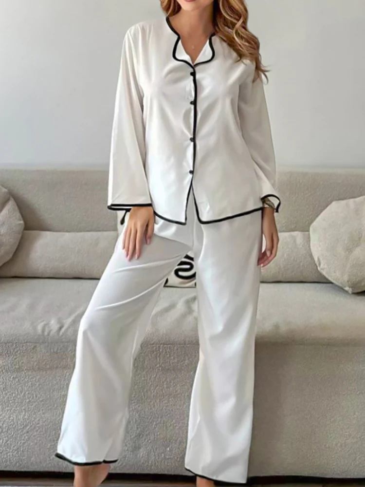 Hiloc Loose Women\'s Home Clothes 2 Piece Sets White Long Sleeve Sleepwear Female Casual Trouser Suits Autumn Fashion Pajamas