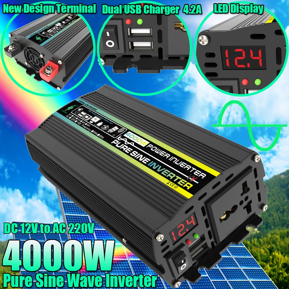 4000W Pure Sine Wave Inverter, Car Solar Inverter,DC12V to 220V,Dual USB,Socket Transformer,Power Converter,Power Inverter