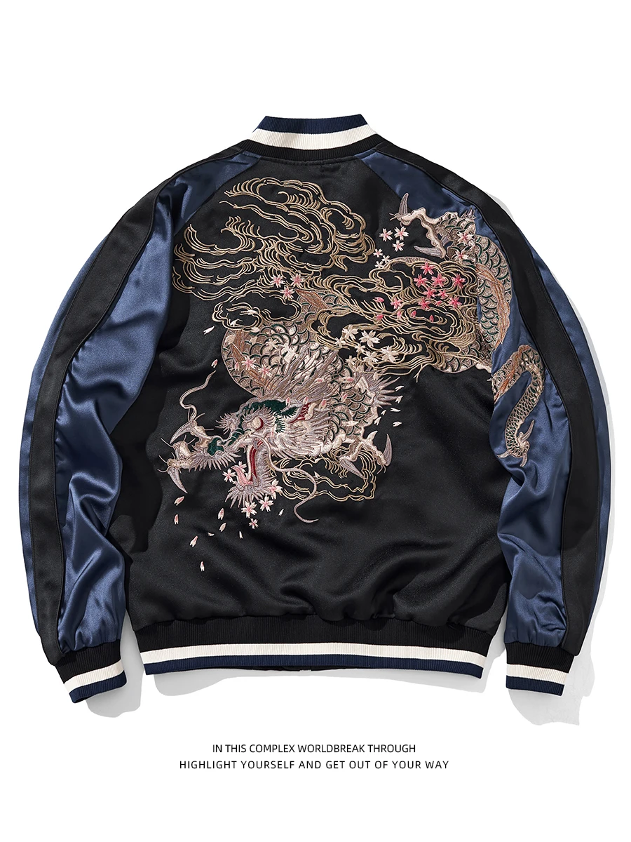 

Мужская бейсбольная куртка с вышивкой дракона, весна-осень, ретро, с цветными блоками, приталенная, с длинными рукавами, верхняя одежда из полиэстера