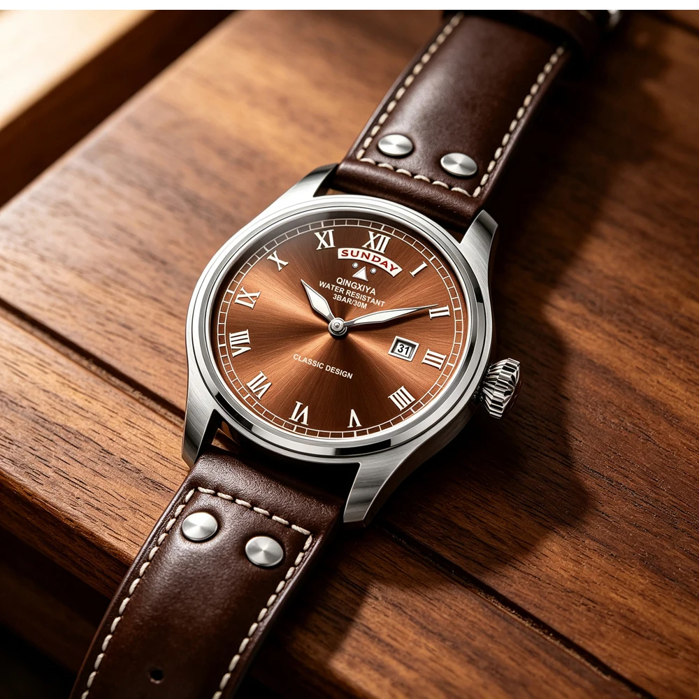 QINGXIYA Modische Casual Herren Quarzuhr Luxus Leder Wasserdichte Sportuhr Militäruhr für Männer Relogio Masculino – Detail 4