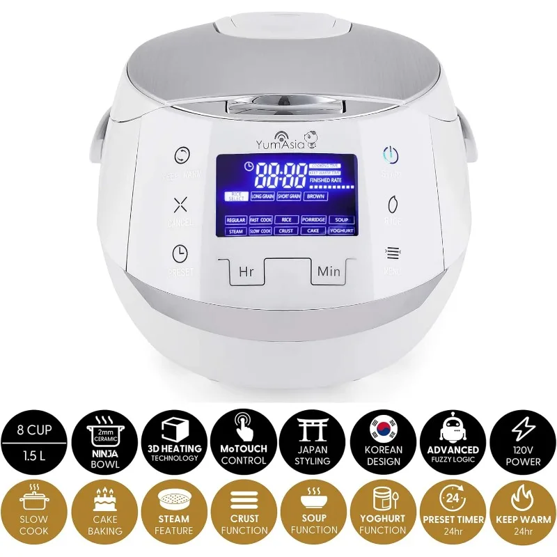 Yum Asia Sakura Rice Cooker with Ceramic Bowl and Advanced Fuzzy Logic, 8 Cup/ 1.5 L, 6 Multicook Functions, Motouch LED Display