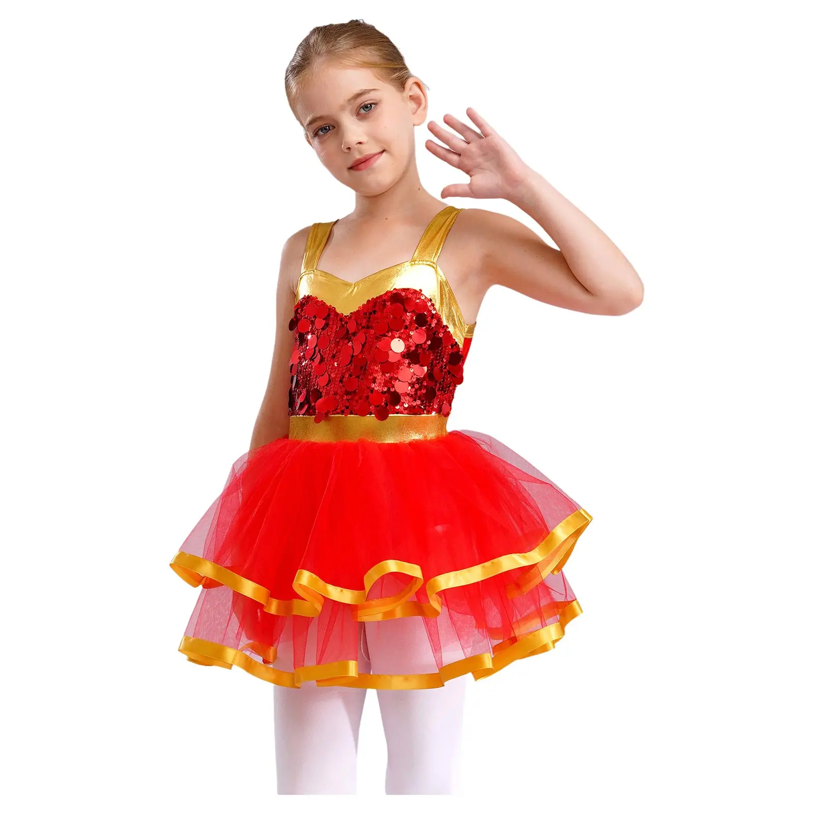 

Kid Girl Dance Tutu Dresses Modern Ballet Figure Skating Ballroom Stage Performance Costume Sleeveless Color Block Sequins Dress