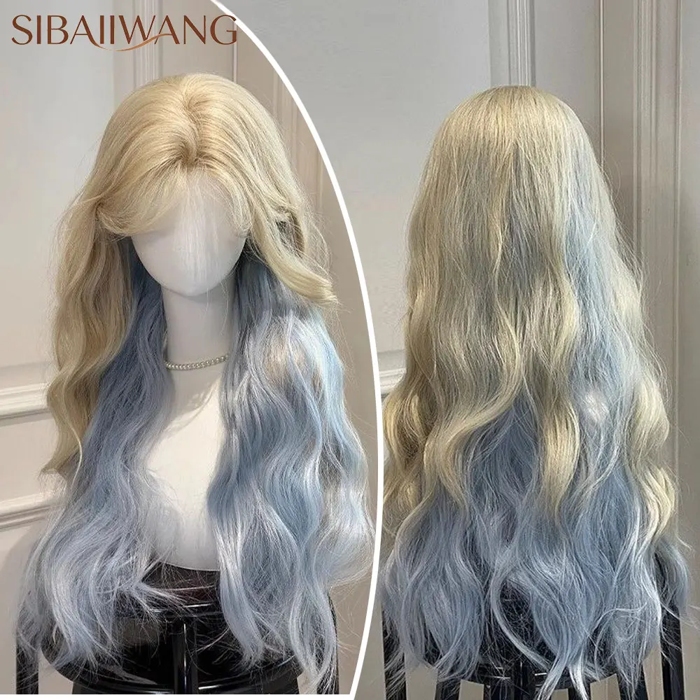 Lolita Platinum Blonde Blue Ombre Layered Wig Synthetic Long Wave Wavy with Bangs Hair  Natural And Smoot Cosplay Wear For Women
