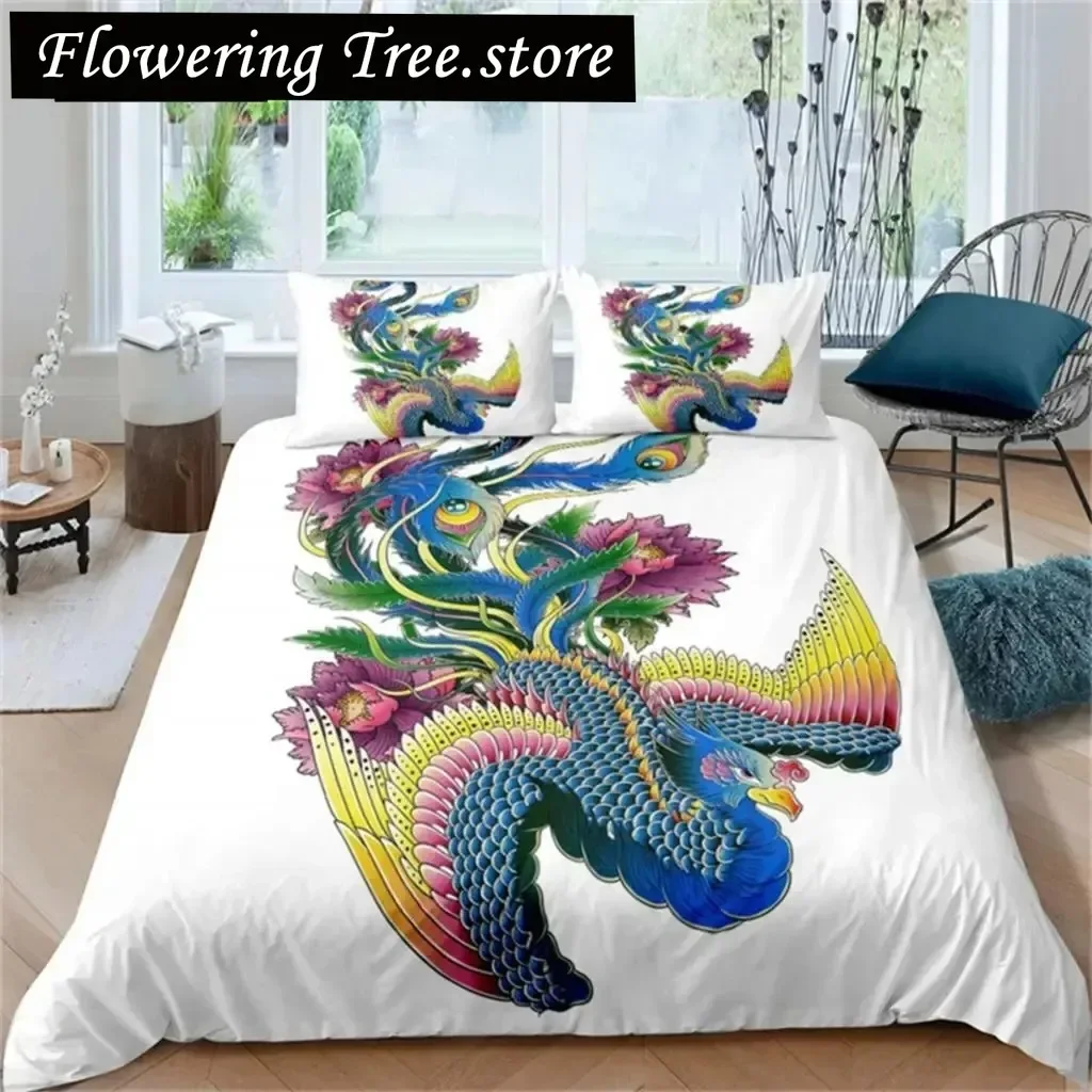 Gorgeous Colorful Phoenix Duvet Cover Set Cartoon Birds Bedding Set Full Microfiber Flame Wings Comforter Cover Bedroom Decor