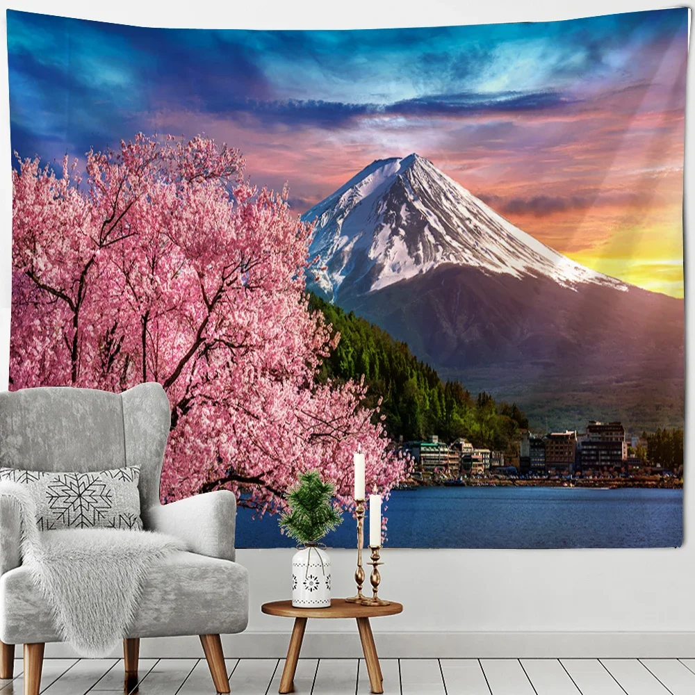 Beautiful Mount Fuji Cherry Blossoms Chureito Pagoda Landscape Wall Hanging Tapestry Art Deco for Living Room Bedroom Home Decor