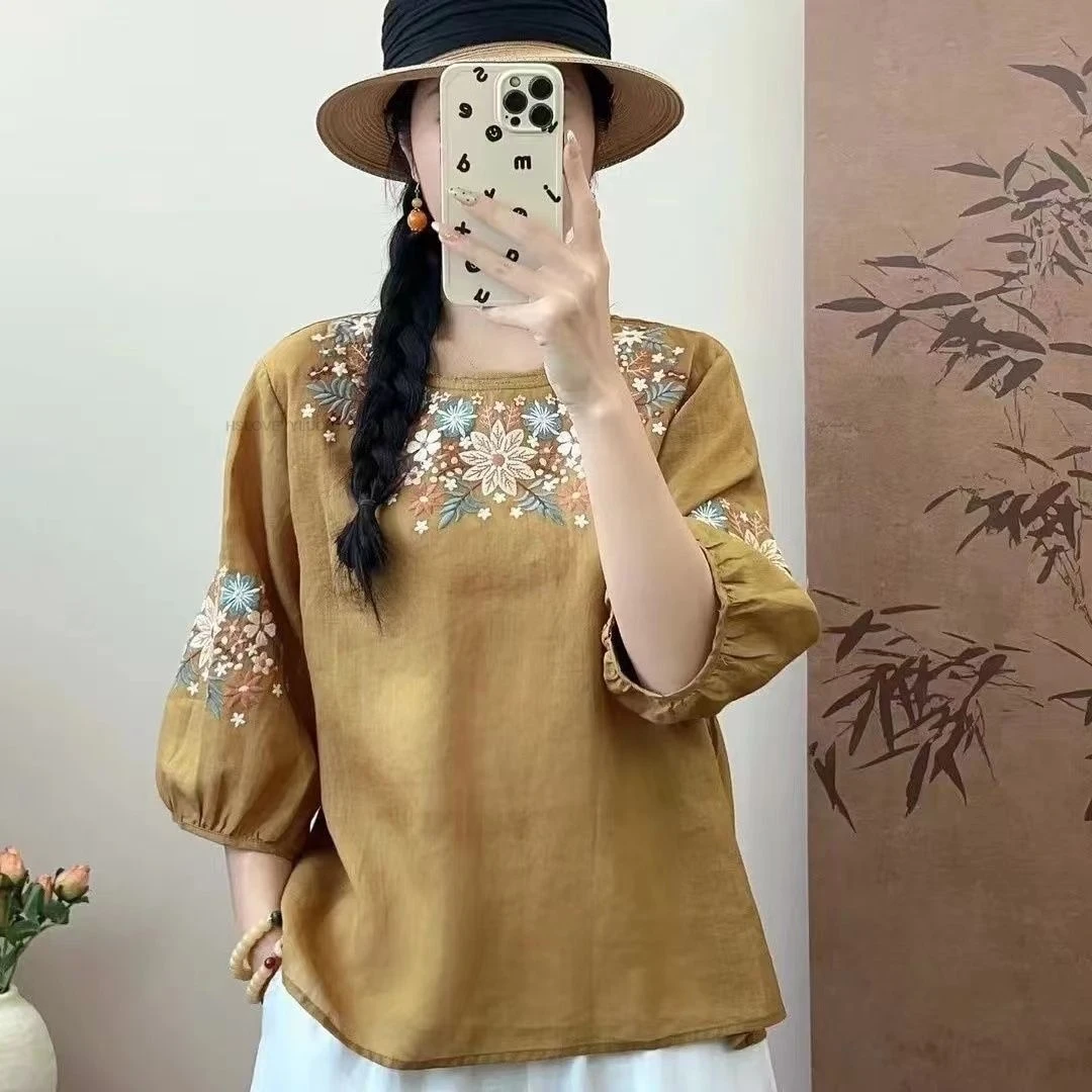 

New Chinese-style Heavy Cotton And Linen Embroidered Ramie Five-point Sleeve Shirt For Women Loose And Slimming T-shirt