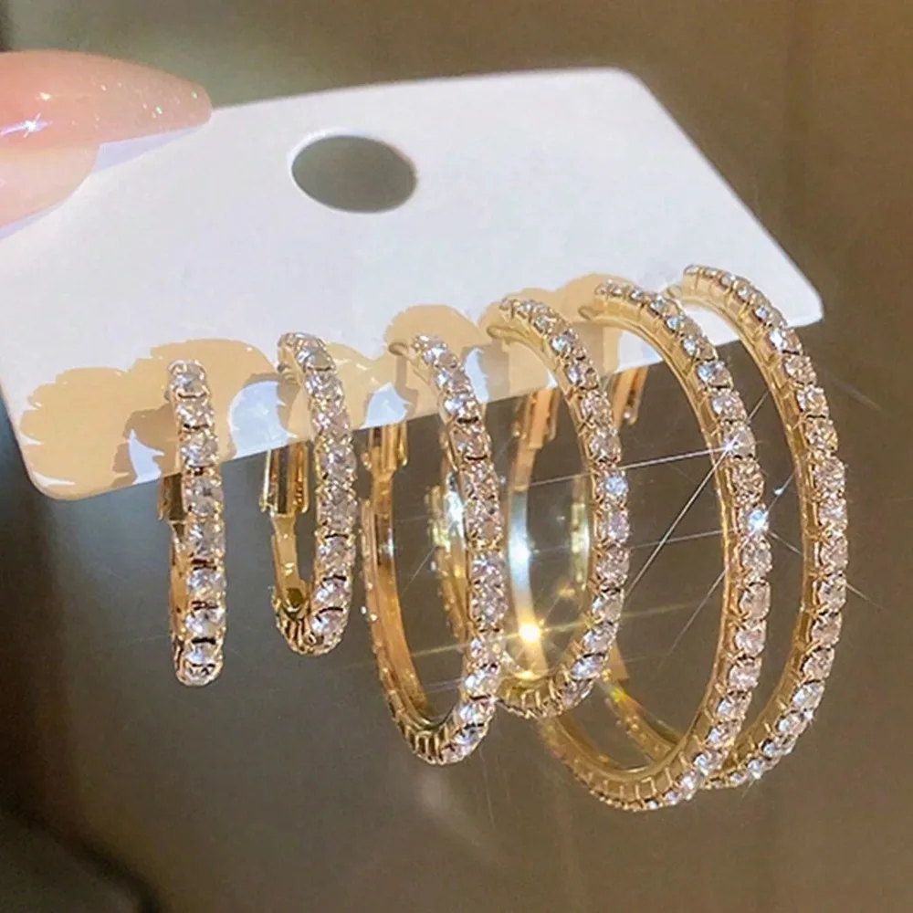 6pcs Set Classic Full of Zircon Shiny Hoop Earrings for Women New Charm Wedding Bride  Luxury Gift Korean Earring Jewelry Set