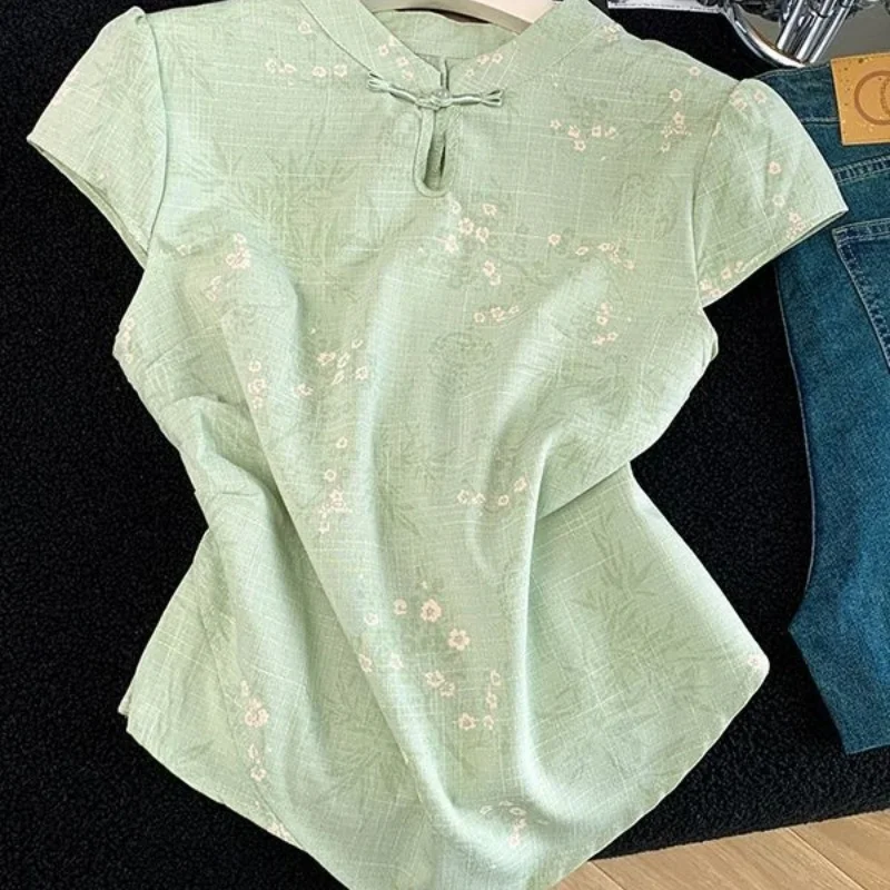 Light Green Floral Embroidered Mandarin Collar Blouse Short Loose Fit Women Summer Casual Top