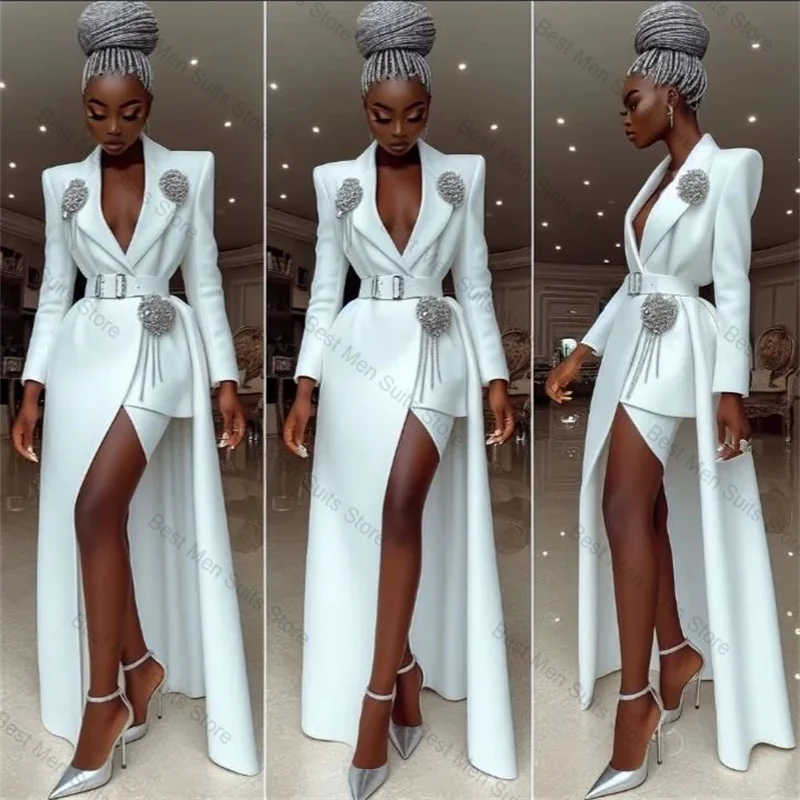 

White Crystals Women Suit Skirt Set 2 Pcs Long Blazer+Short Mini Prom Dress Formal Office Jacket Customized Wedding Guest Coat