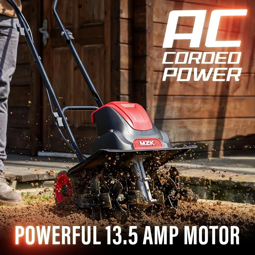 Leme/cultivador elétrico com fio de 16 polegadas e 13,5 A, profundidade de leme de 8 polegadas com rodas ajustáveis, rototiller elétrico dobrável